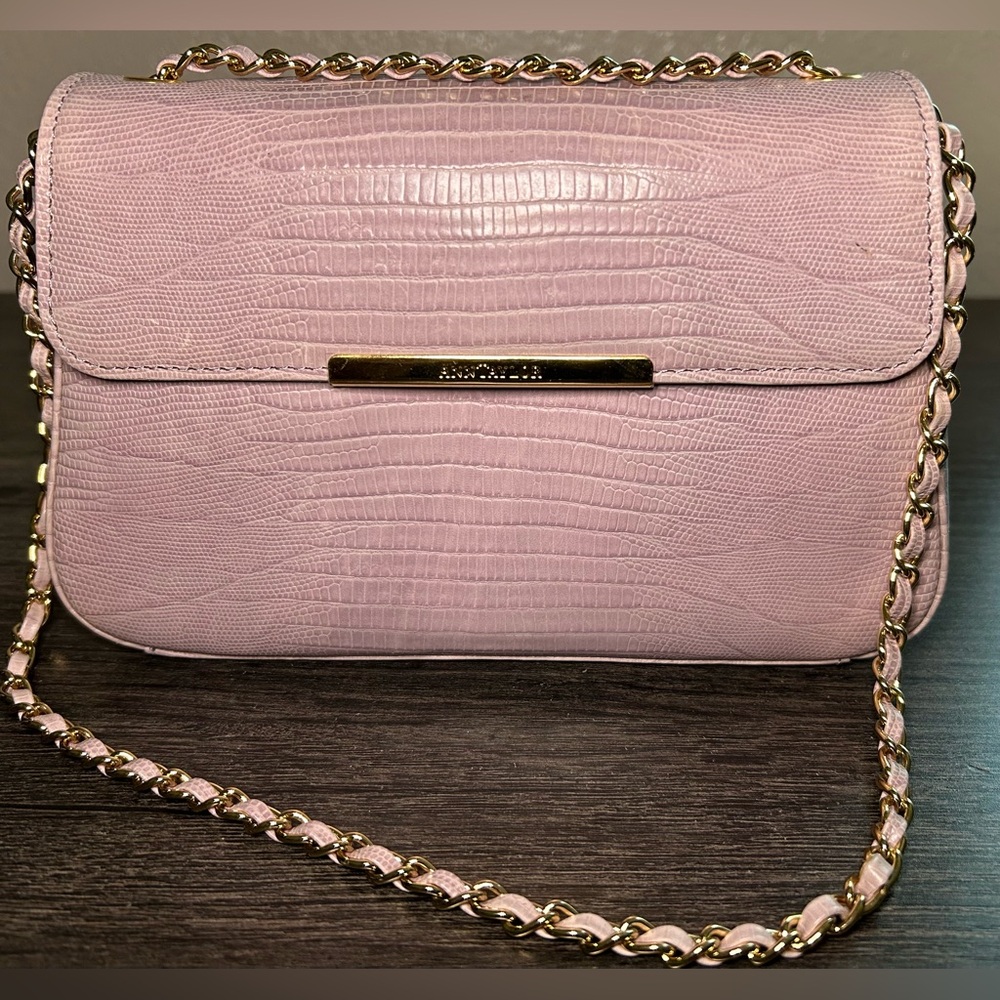 Ann Taylor Genuine Leather 8X3 IN Classy Blush Pink Clutch Purse W/ Gold Strap